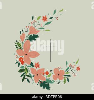Vector drawing, Christian cross with flowers. Religious symbol, Easter holiday. Coloring book Stock Vector