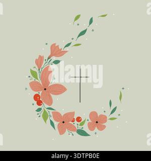 Vector drawing, Christian cross with flowers. Religious symbol, Easter holiday. Coloring book Stock Vector