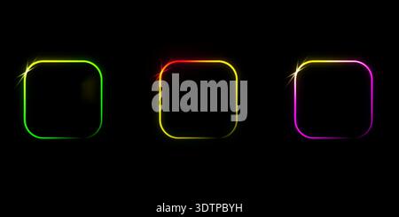 A set of two-color square frames with rounded corners. Neon glow effect. 3D vector illustration on a transparent background. Stock Vector