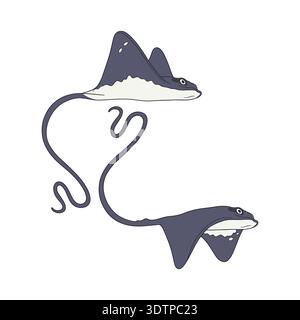 Cartoon style stingray swimming in ocean amongst seaweed hand drawn vector illustration Stock Vector