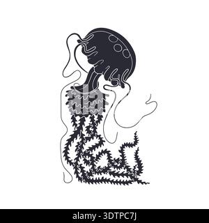 Black silhouette jellyfish swimming in ocean hand drawn vector illustration Stock Vector