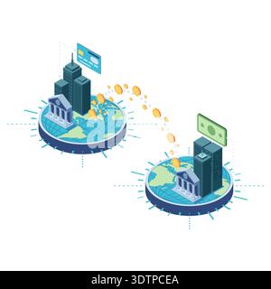 Isometric Global Money Transfer Between Countries. Cross Border Payment and International Financial Technology Concept Stock Vector