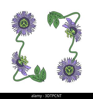 Art nouveau vintage hand drawn purple passion flower frame vector illustration. Floral border card template Stock Vector