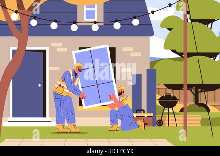 Construction workers installing window teamwork home renovation outdoor scene tools hard hats modern house backyard trees flat design Stock Vector