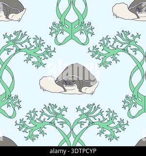 Cute sea turtles and algae coastal seamless pattern vector illustration Stock Vector