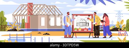 Construction workers house building blueprint teamwork architectural project site with unfinished frame engineers discussing plans safety gear outdoor Stock Vector