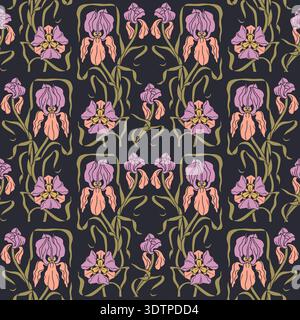 Art nouveau style hand drawn line art pink iris flowers seamless pattern on black background Stock Vector
