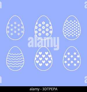 White linear Easter symbols collection on blue background vector illustration. Stock Vector