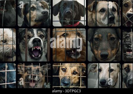 Collage of large group of homeless dogs in animal shelter. Composite portrait image of stray dogs Stock Photo