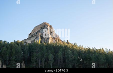 Medieval castle perched on massive cliff above pine woods Stock Photo