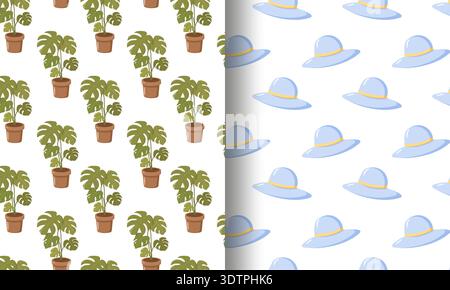 Monstera Plants Hats Split Pattern Stock Vector