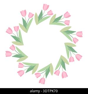 Round frame with pink tulips. Spring and summer wreath with delicate flowers. Green plant motif is perfect for cards and prints. Stock Vector