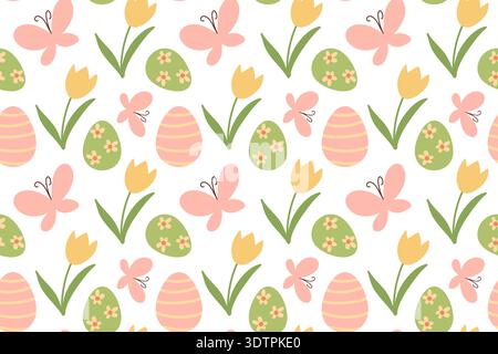 Seamless festive pattern with Easter eggs, spring flowers, and butterflies. Children's illustration for cards, fabrics, prints, and holidays. Stock Vector
