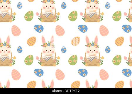 Seamless festive pattern with a cute bunny in a basket and Easter eggs. Children's illustration for cards, fabric, prints, and holidays. Stock Vector