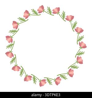 Round frame with red flowers. Spring and summer wreath with delicate flowers. Green plant motif is perfect for cards and prints. Stock Vector