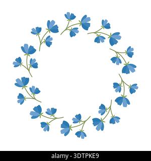 Round frame with blue flowers. Spring and summer wreath with delicate flowers. Green plant motif is perfect for cards and prints. Stock Vector