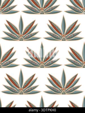 Blue tequila agave plant seamless pattern. Drawing in tribal etno style. Vector background illustration Stock Vector