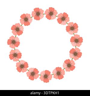 Round frame with red poppies. Spring and summer wreath with delicate flowers. Green plant motif is perfect for cards and prints. Stock Vector