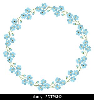 Round frame with blue forget-me-nots. Spring and summer wreath with delicate flowers. Green plant motif is perfect for cards and prints. Stock Vector