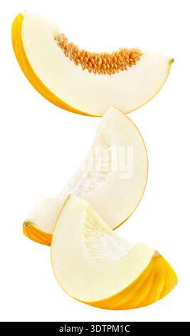 Cantaloupe melon with slices isolated on white background. Flying Fresh melon. Clipping path melon. Melon macro studio photo Stock Photo
