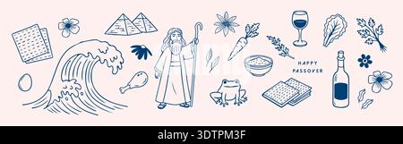Passover Vector Illustration Set. Moses, Exodus Symbols, Matzah, Wine, Seder Plate Elements and Jewish Holiday Icons Collection. vector illustration Stock Vector
