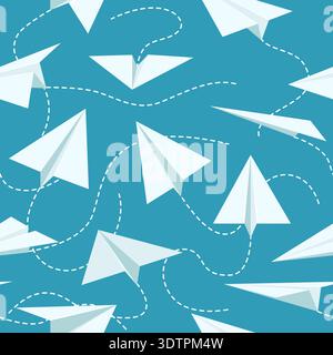 White paper planes seamless pattern. Origami aircrafts with flight paths, dotted lines, different angles. Decor textile, wrapping paper, wallpaper Stock Vector