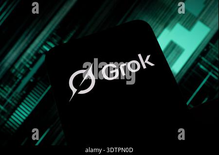 Paris, France - Oct 29, 2025: Grok AI logo on a smartphone. Grok is an artificial intelligence chatbot developed by Elon Musk's company xAI Stock Photo