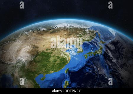 Earth planet view from space. Earth surface. East Asia. China, Taiwan, Japan, South Korea, Thailand. viewed from space. Contains NASA image elements. Stock Photo
