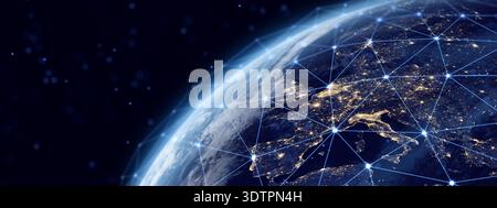 Planet Earth. Europe global network connectivity, big data transfer, cyber technology, network and telecommunication. Contains NASA image elements. Stock Photo