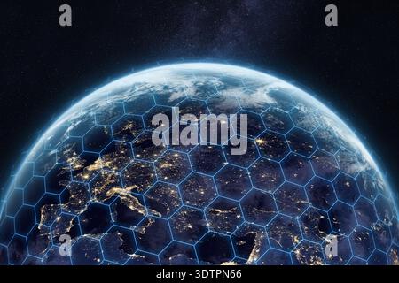 Planet Earth with network lines global communication, data transfer and web. Earth shield from asteroids and meteorites. Contains NASA image elements. Stock Photo