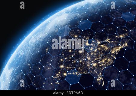 Planet Earth with network lines global communication, data transfer and web. Earth shield from asteroids and meteorites. Contains NASA image elements. Stock Photo