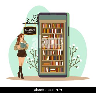 Online library. Pretty girl reading book, literary applications, training and education app, smartphone bookshelf or archive, mobile interface for Stock Vector
