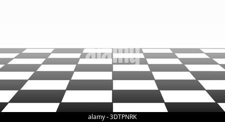 Faded chess board plane in perspective. Checkered tiled floor in angled point of view with vanishing effect. Black and white checkerboard texture Stock Vector