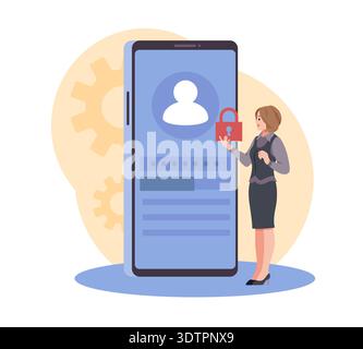 Login to personal use page. User login website page digital interface, woman logs into account on smartphone, cybersecurity privacy control, vector Stock Vector