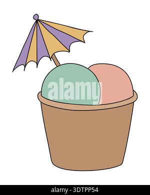 Ice cream cup with two scoops and umbrella Stock Vector