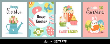 Happy easter cards. Spring holiday funny elements, greeting postcards design, funny bunny, cute chickens and colored eggs, decorations vertical Stock Vector