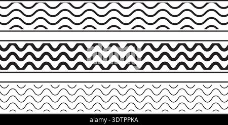 Set of horizontal borders with wave pattern isolated on white background. Tapes or ribbons with curvy print. Design elements with simple undulated Stock Vector