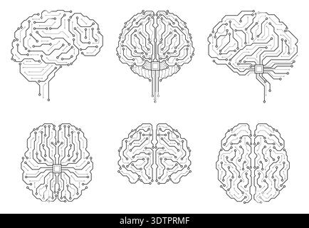 Circuit board brains. Technical schemes, electronic neural connections, artificial intelligence, digital technology, line isolated elements for Stock Vector