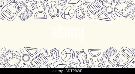 School border pattern with doodle style education icon. Back to school background with backpack, globe, books and math symbols for stationery design. Stock Vector