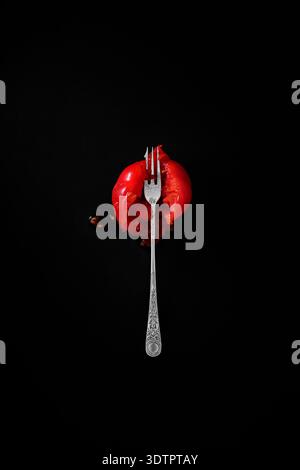 A squashed tomato and silver fork. Stock Photo
