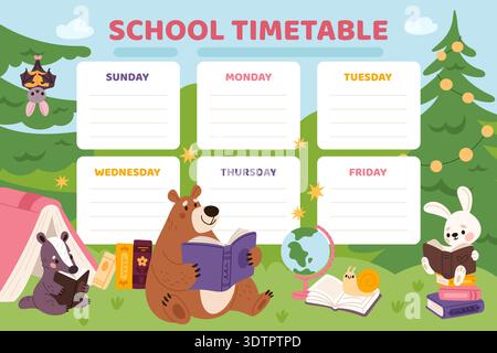 Animals with books kids planner. Little students timetable, fauna characters, cute school lesson schedule template, kids mascots for education poster Stock Vector