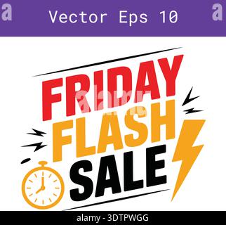 Bold, dynamic text shouts Friday Flash Sale in striking red, orange, and black hues. Accented by electrifying lightning bolts and a ticking stopwatch Stock Vector