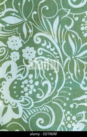 Flower scroll fabric pattern in green and white. Cotton stylish material Stock Photo
