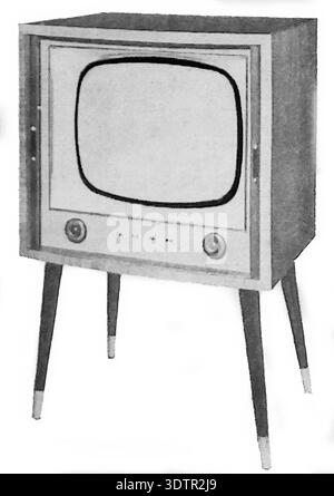 This 1957 Bush TV76 17-inch floor model television represents the pinnacle of mid-century British domestic design. The unit is characterized by its elegant wooden cabinet supported by tapered "atomic" style legs with brass-colored ferrules. Featuring a curved cathode ray tube and front-mounted control knobs, this model exemplifies the transition of television from a technical novelty into a central piece of household furniture during the height of the 1950s broadcasting boom in the UK. Stock Photo