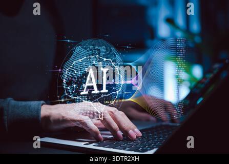 Artificial intelligence concept. A developer using laptop with AI digital globe interface representing machine learning, big data analytics, LLM, Stock Photo