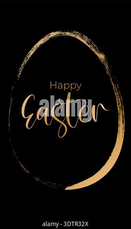 Minimal easter design with abstract golden brush egg frame on black background and happy typography in center. Luxury vector illustration template for Stock Vector