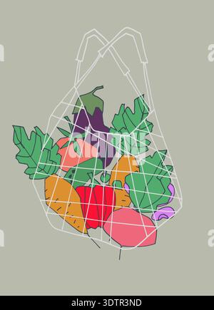 A mesh bag with vegetables. Printed image for decorating a store, market, or farmers market Stock Vector