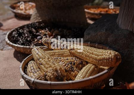 Dried corn cobs stacked in a woven basket with a rustic background, traditional harvest and food preservation scene. Stock Photo
