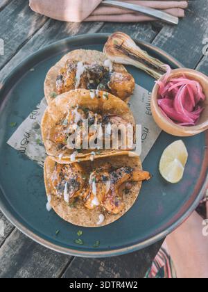 Grilled shrimp tacos with sauce and pickled onions served on ceramic plate in Holbox, Mexico. Stock Photo