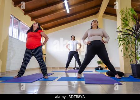 Pregnant women and other women standing in a wide-legged pose during a yoga class Stock Photo